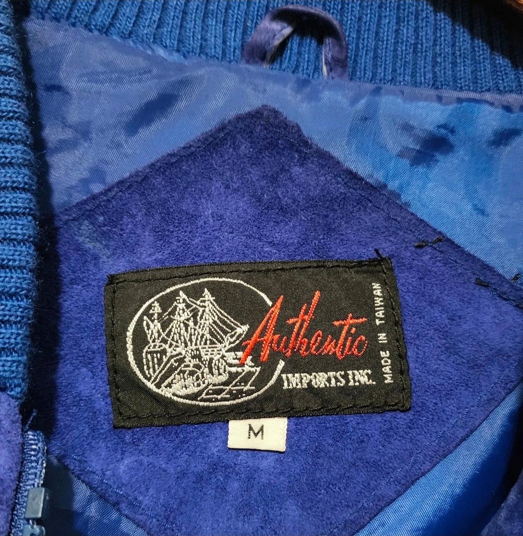Authentic Imports Blue Suede Leather Quilted Bomber Jacket - Size M