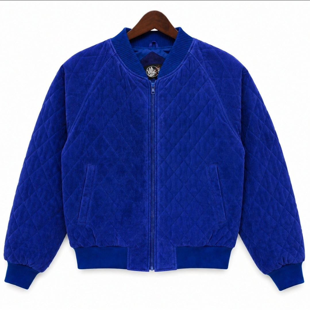 Authentic Imports Blue Suede Leather Quilted Bomber Jacket - Size M