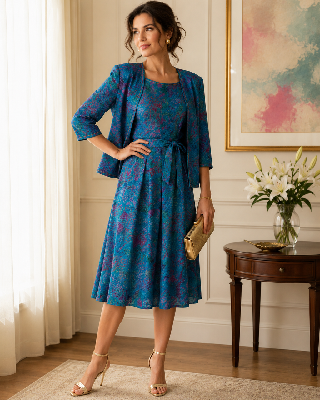 Custom Dress & Jacket Set Blue Purple Abstract Print (Hong Kong) - Size L