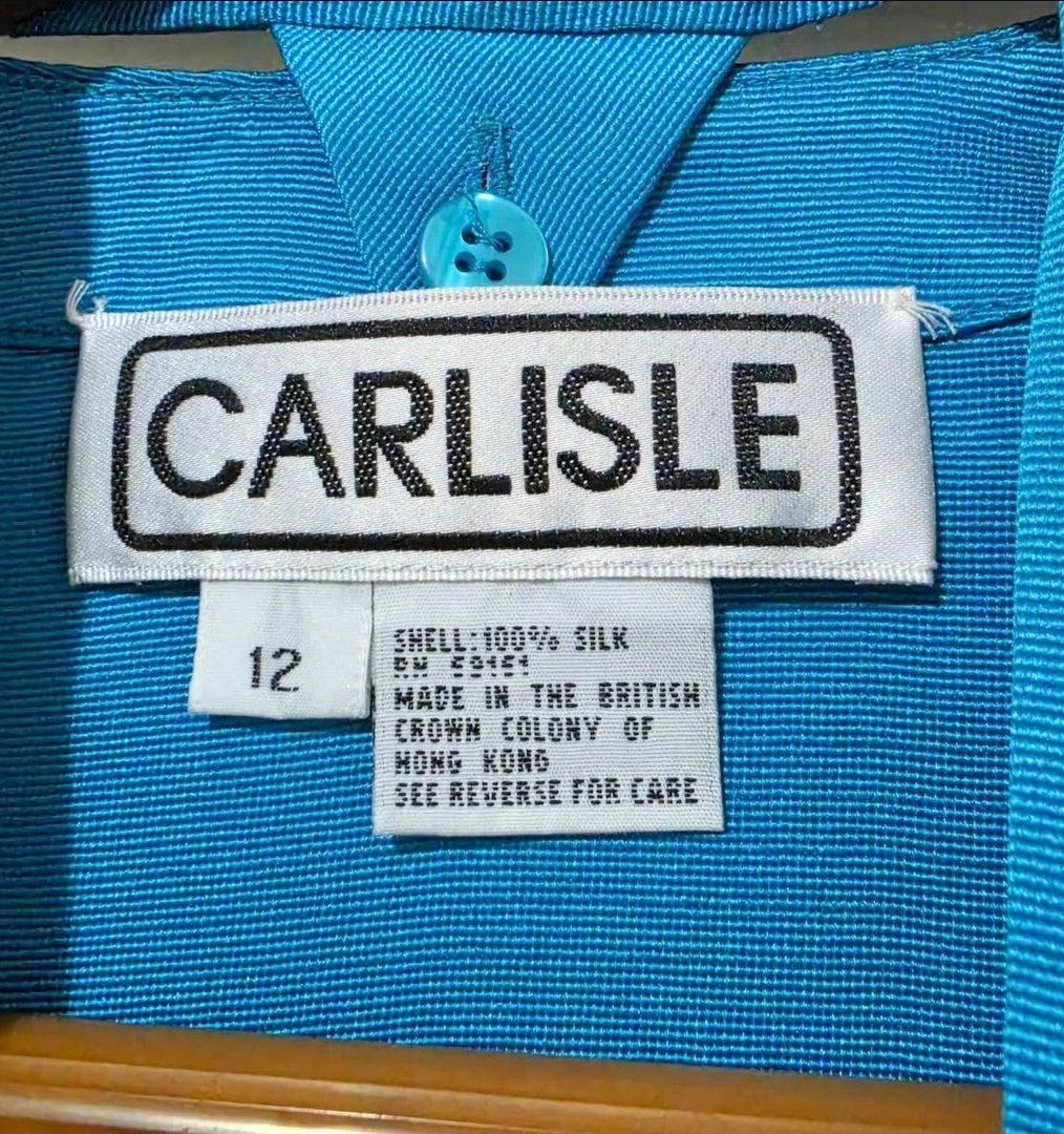Carlisle 100% Silk Turquoise Blouse with Button-In Scarf Tie - Size Vintage 12