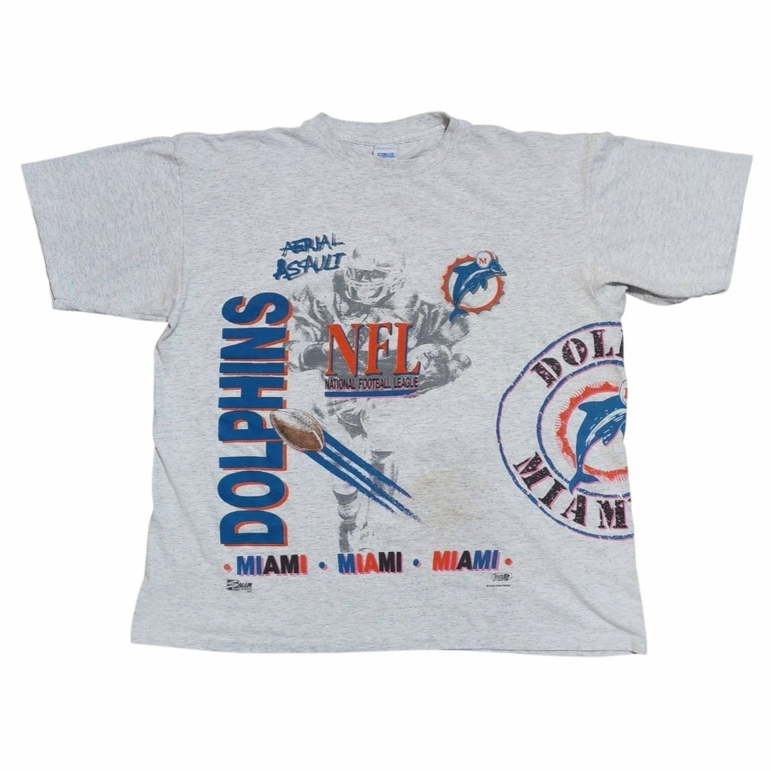 1990 Miami Dolphins Aerial Assault Graphic T-Shirt - Salem Sportswear - 2XL