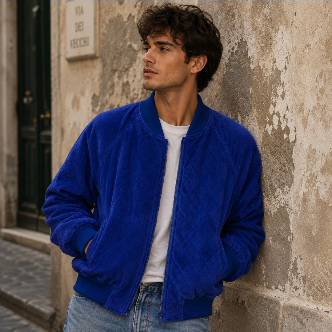 Authentic Imports Blue Suede Leather Quilted Bomber Jacket - Size M