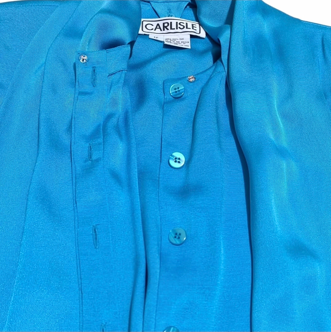 Carlisle 100% Silk Turquoise Blouse with Button-In Scarf Tie - Size Vintage 12