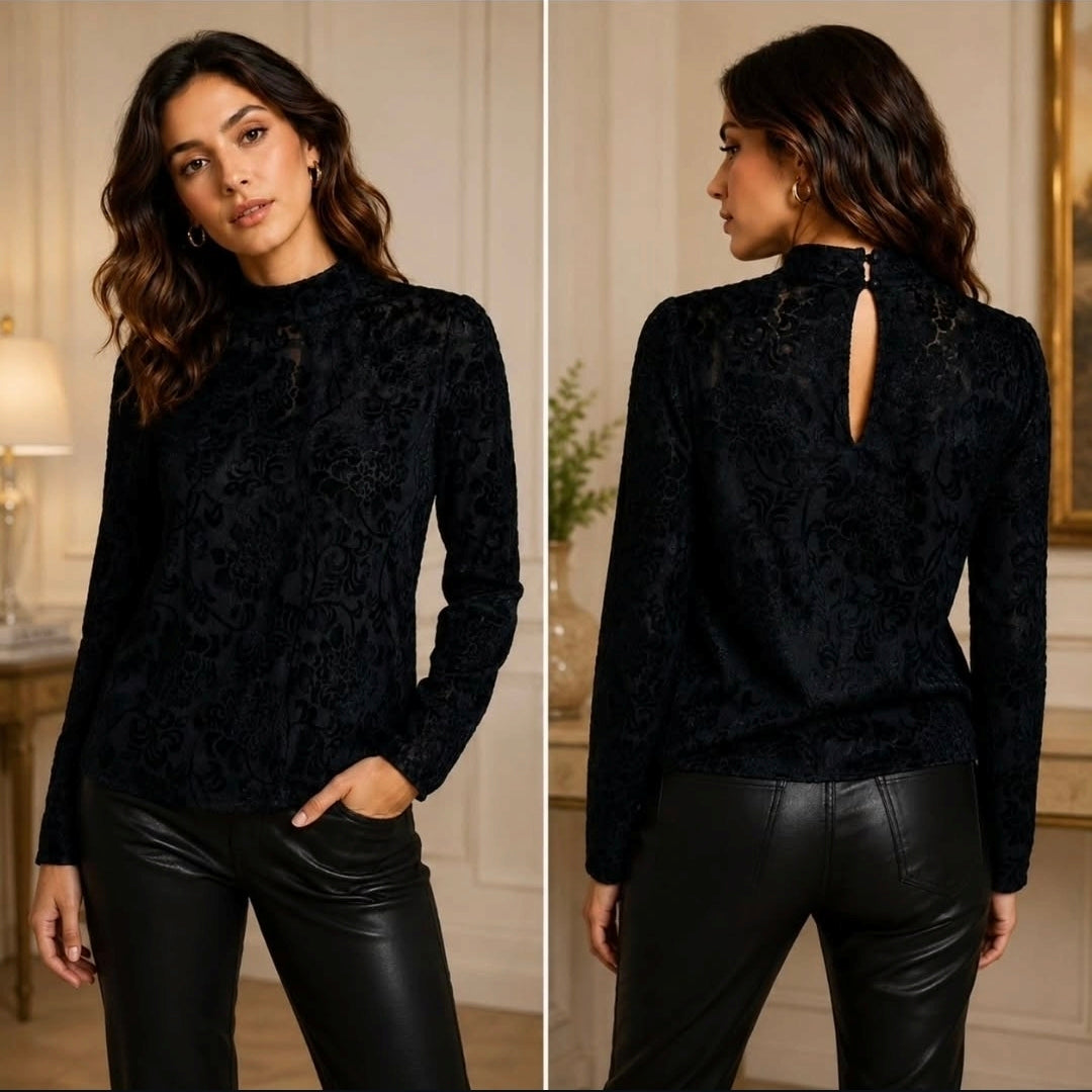 Jonquil by Diane Samandi Black Burnout Velvet Top - Size S