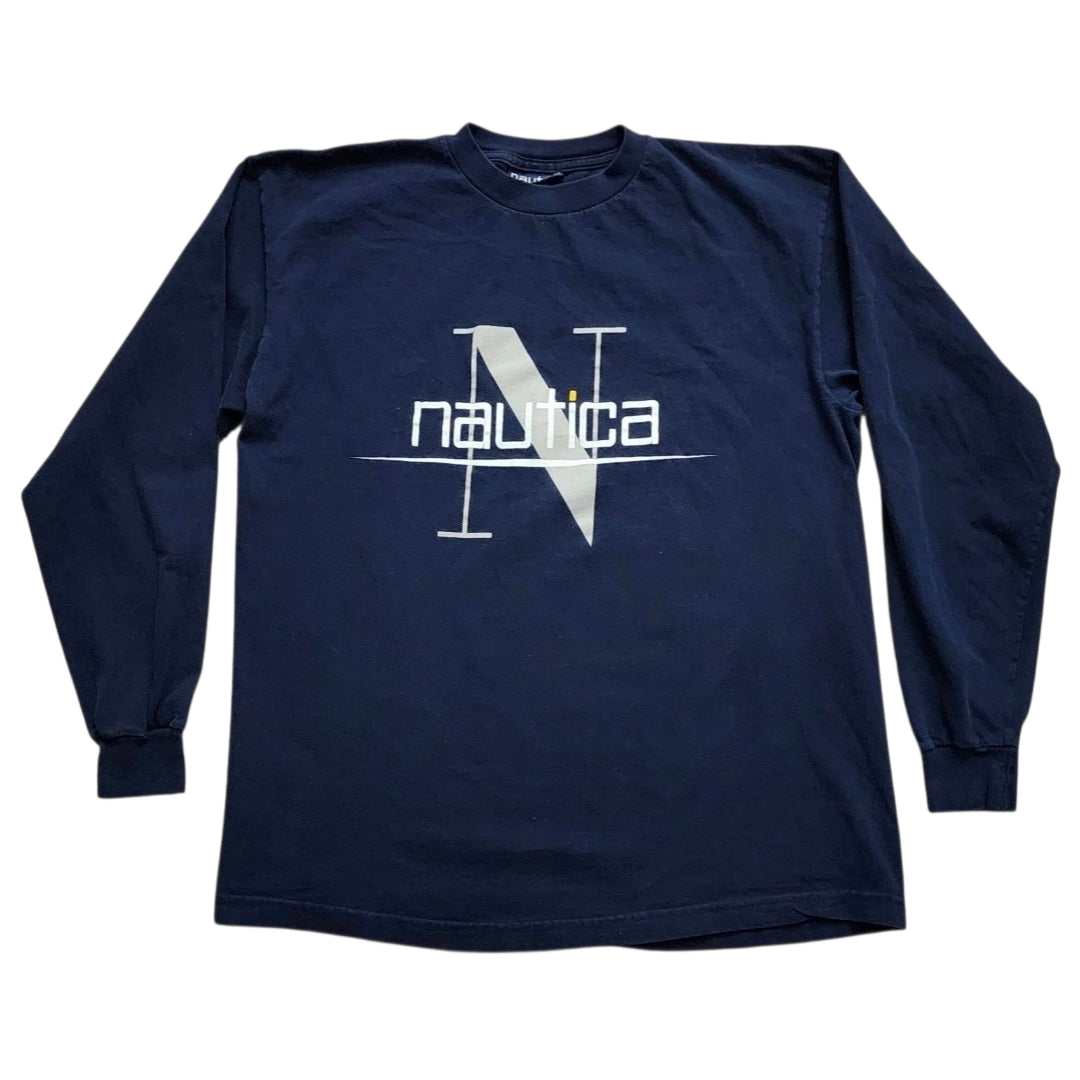 Vintage 90s Nautica Navy Blue Long Sleeve Logo T-Shirt - L